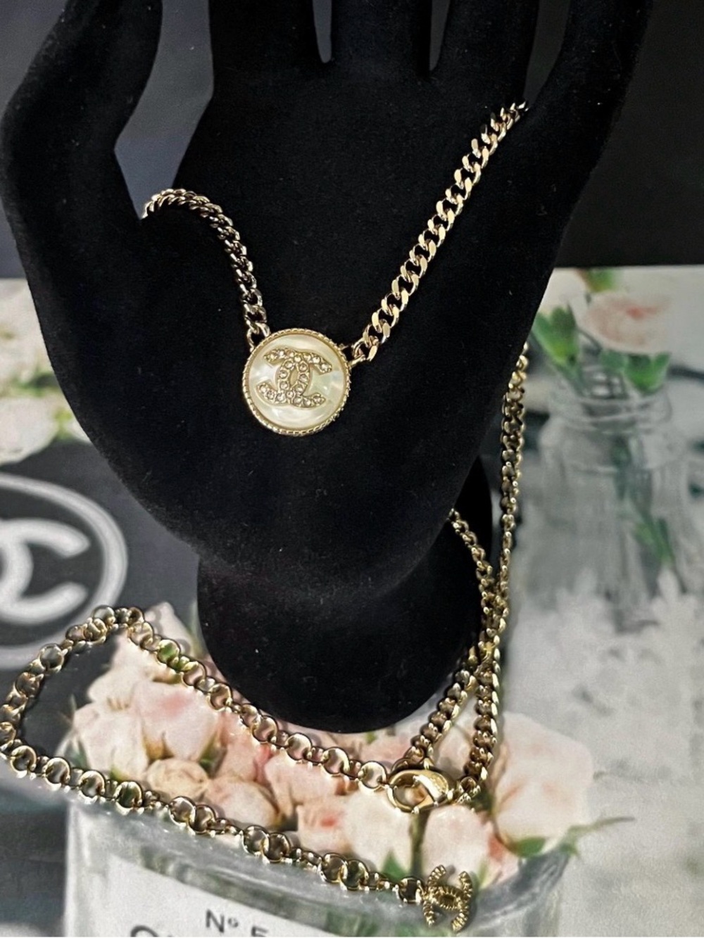 CHANEL Gold and Mother-of-Pearl CC Medallion Chain Necklace